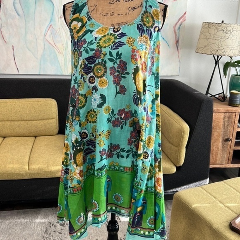 💚💚💚Cotton dress floral green flare trapeze light weight small tank tunic